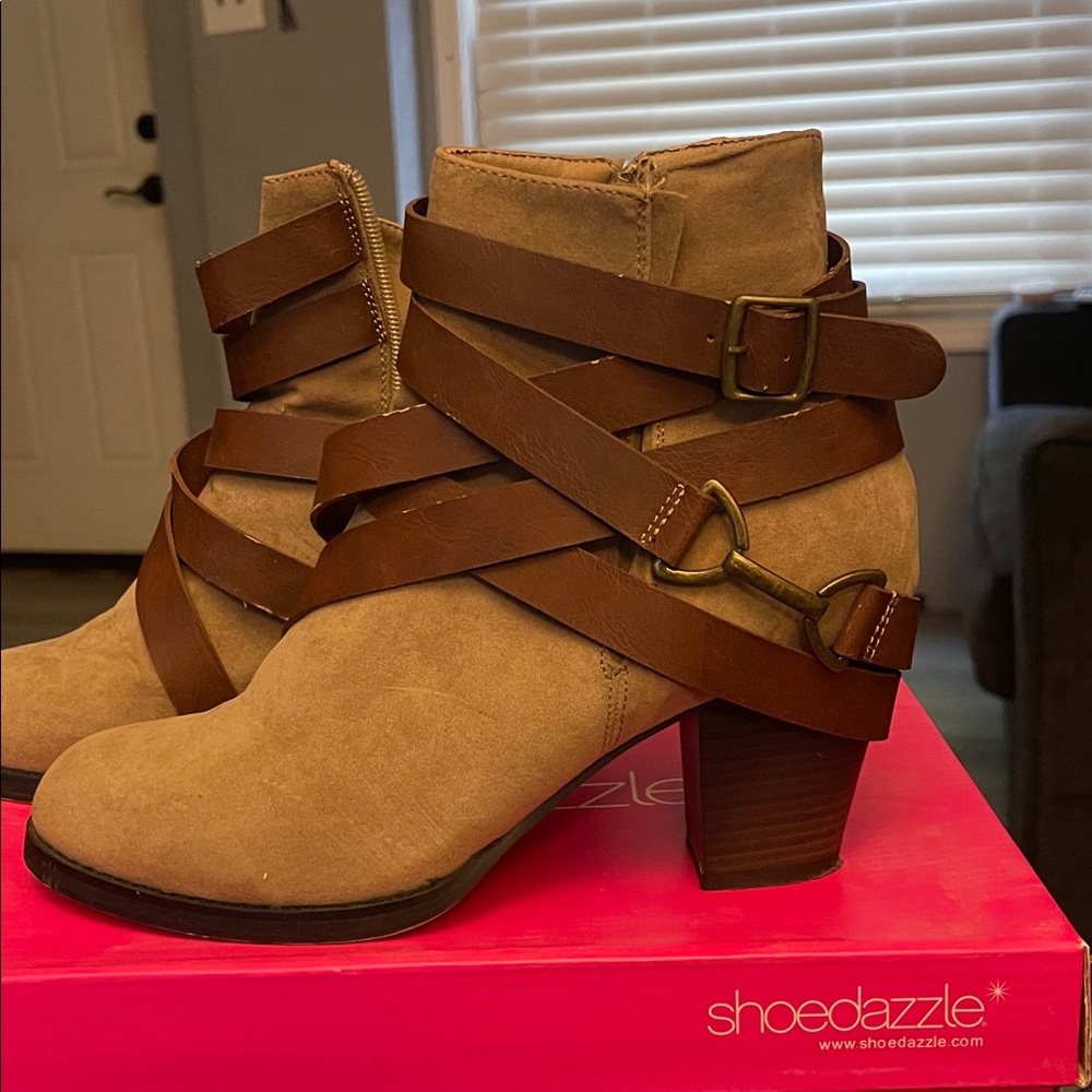 Shoe Dazzle Sand Suede Boots with Brown Straps - Picture 3 of 5